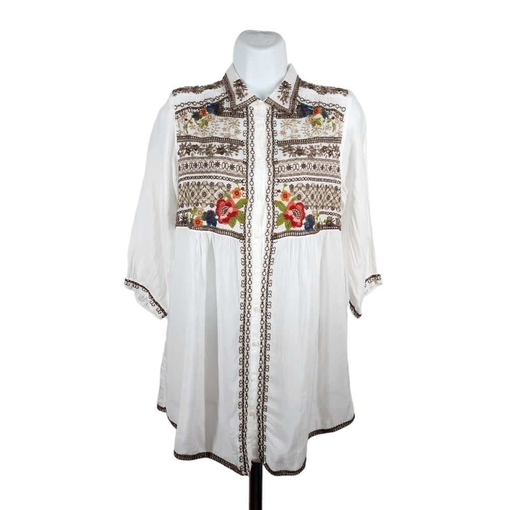 Johnny Was White Embroidered Boho Blouse with Multicolor Floral Accents